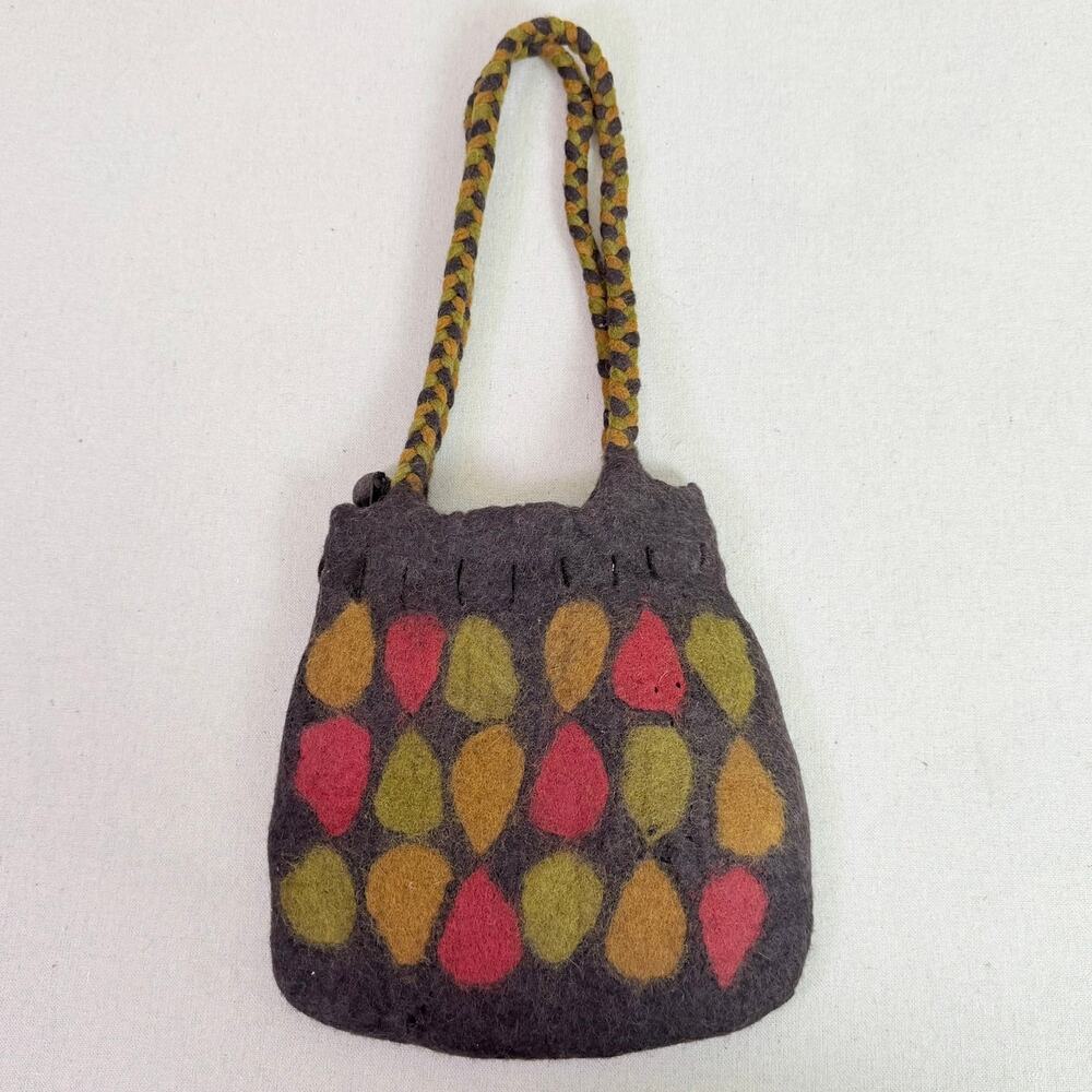Rising Tide Felted Wool Shoulder Bag Handmade Nepal Leaf Pattern Boho Purse